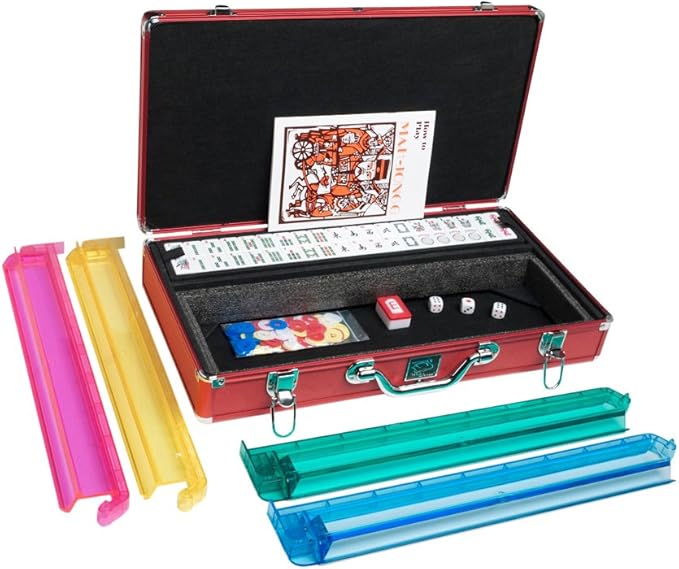 American Mah Jongg Set by White Swan – 166 White Engraved Tiles – 4 x All-in-One Rack/Pushers – Aluminum Case - Red