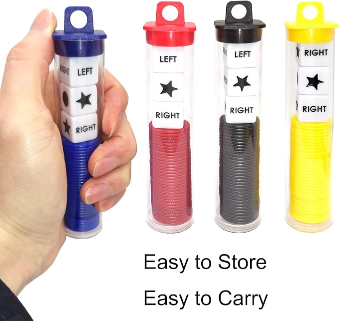Left Right Center Dice Game Prime Set Bundle with 3 Dices + 36 Chips. Round Tube Storage is Very Convenient for Travel. Easy to Store, Carry Around. (4 Pack)