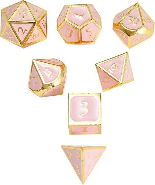 MIYUDAIS Polyhedral Metal Game Dice Cream Pink with Gold Trims 7pc Set for Dungeons and Dragons RPG MTG Table Games D&D Pathfinder Shadowrun and Math Teaching