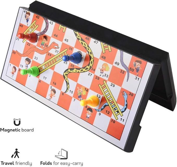 Magnetic Folding Snakes & Ladders Game Set 11.8 inch Portable Family Fun Board Game for All Ages-in Storage（Large Size 30x30cm ）