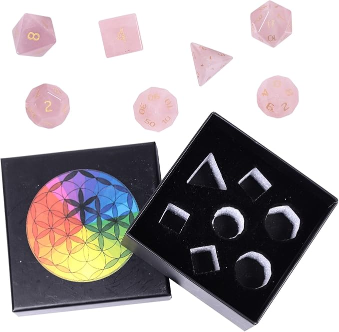 Nupuyai Healing Rose Quartz Crystal D&D Polyhedral Dice Set with Box for Dungeons and Dragons, Set of 7 Table Top Game Dice for RPG MTG Roleplaying Collection