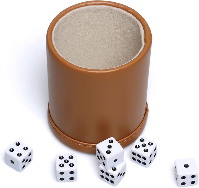 Leatherette Dice Cup Set, Camel Leather and Beige Velvet Interior Professional Dice Cup with 6 Black Dot Dice for Liars Dice Farkle Yahtzee Board Games, 1 Pack