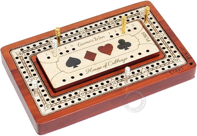 2 Track - Wooden Travel/Pocket Size Cribbage Board - 4 Inch - Inlaid in Bloodwood/Maple Wood with Storage Space for Cribbage Pegs - 60 Points - Non Continuous