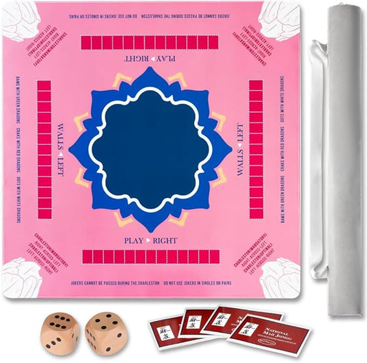 Mahjong Mat with Rules for Table,Non-Slip and Silent,Comes with 2 Dice and 1 Coral Velvet Mahjong Mat Storage Bag (Rose)