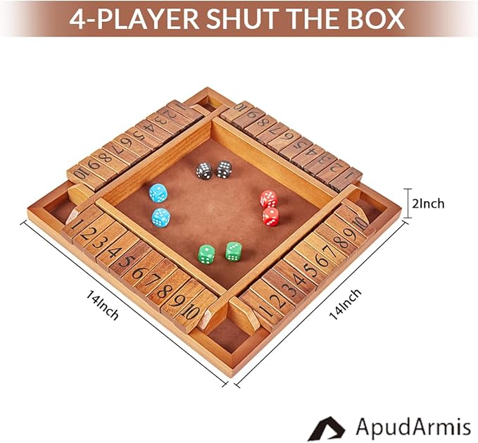 ApudArmis 4-Way Shut The Box, Large Wooden Board Game Set with Dice, 4 Ways Play Shut-The-Box for Kids Learning Addtion Adults Classroom Home Party Pub (14 in,Vintage)