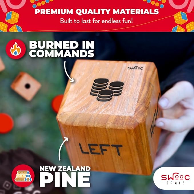 SWOOC Games® - Giant Right Center Left Dice Game (All Weather) with 24 Large Chips & Carry Bag - Jumbo Wooden Lawn Game - Big Backyard Games for Family - Indoor/Outdoor - Left Right Center Dice Set