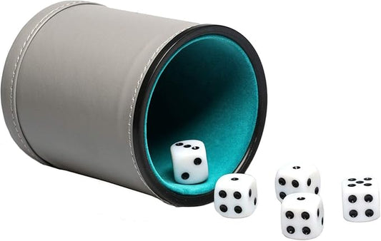 Leatherette Dice Cup Set Felt Lined with 16mm Dot Dices Shaker for Yahtzee Bar Party Dice Games - Grey