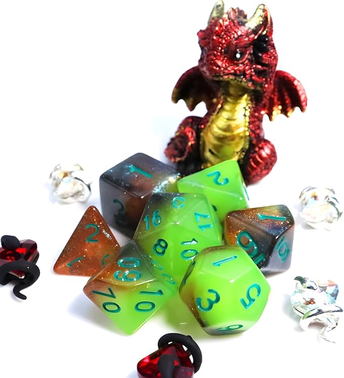 DND Dice Set with Dragon Totem Metal Gife Case, Dungeons and Dragons Dice Set,Polyhedral Dice Set Filled with Shiny Glitters,Role Playing Games and Tabletop Games (Green&Copper Luminous)
