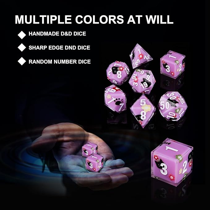 DND Dice Set Polyhedral, IDTQ Dungeons and Dragons Purple Dice Set RPG MTG Table Games 7-Die Resin Sharp with Acrylic Starlight Accent Box (Cat-Purple)