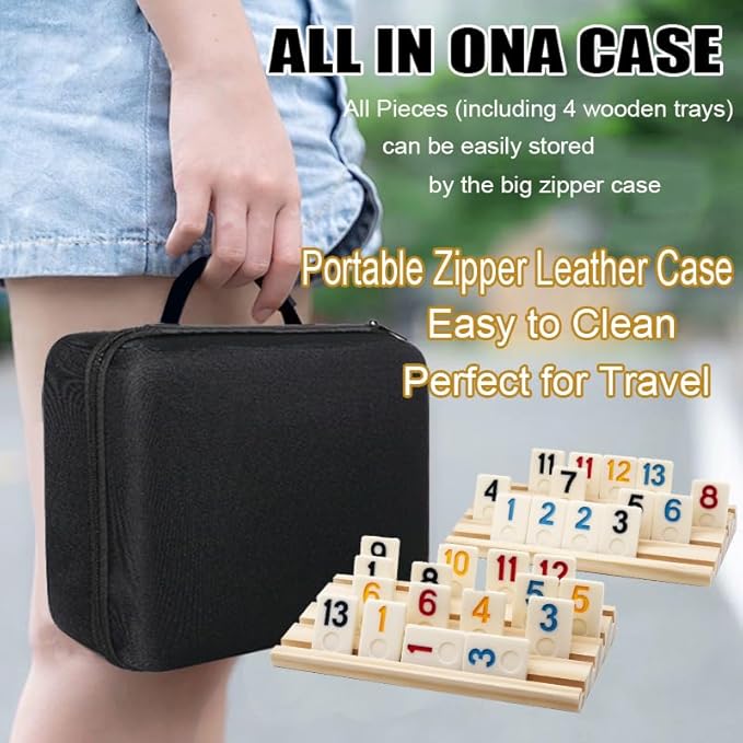 Rummy Game with 4 Wooden Racks/Trays, Rummy Cube with Portable Case 106 Tiles Travel Set with 4 Tiles Holders,Okey Game for 2-4 (Rummy Cube 4 Player Edition)