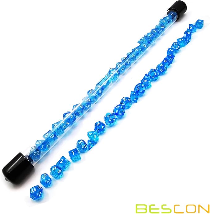 Bescon 28pcs Translucent Blue Mini Polyhedral Dice Set in Tube, Dungeons and Dragons RPG Dice 4X7pcs,Mini Gem Blue Dice Set