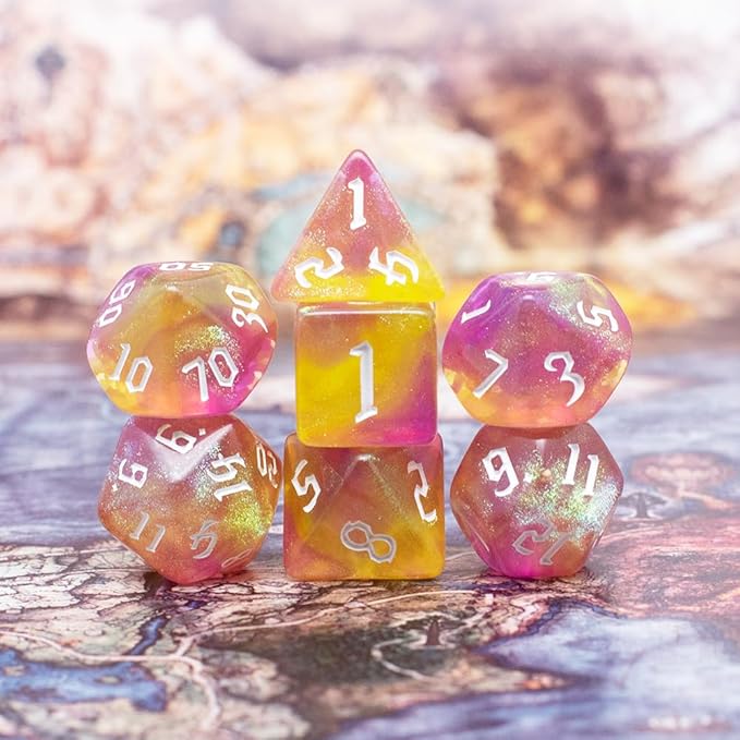 DND Dice Set with Dragon Totem Metal Gife Case, Dungeons and Dragons Dice Set,Polyhedral Dice Set Filled with Shiny Glitters,Role Playing Games and Tabletop Games (Yellow)