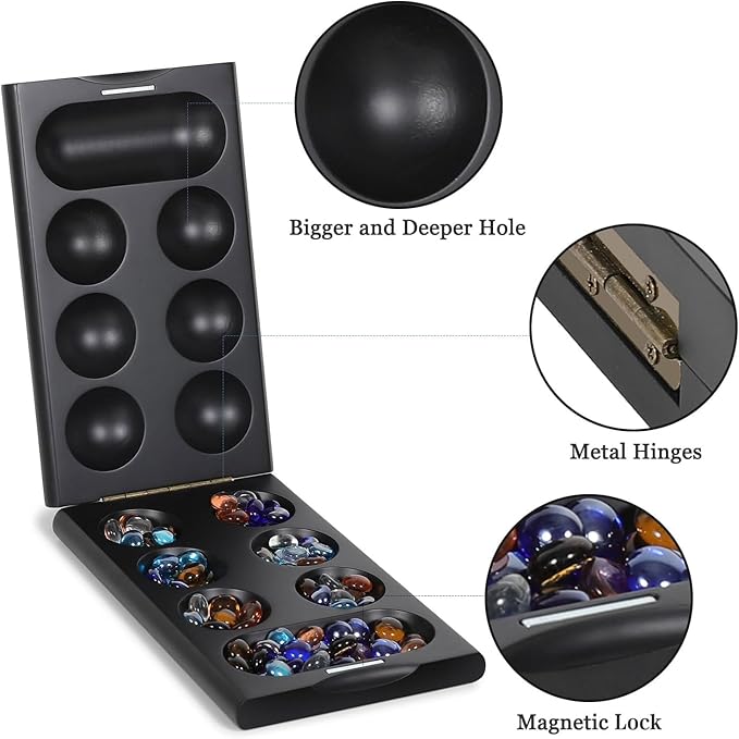 Wooden Mancala Board Game Set with 48 + 24 Bouns Multicolor Glass Stones Portable Folding Board for 2 Players Classic Travel Games for Adults and Kids