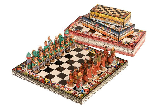 Illari Peru. Chess set Peruvian with storage box. Incas Vs Spanish Conquerors. Hand Painted Wooden. Small 7.8 x 7.8 inches. Medium10.2 x 10.2 inches. Large 15.8 x 15.8 inches.. (S, WHITE)