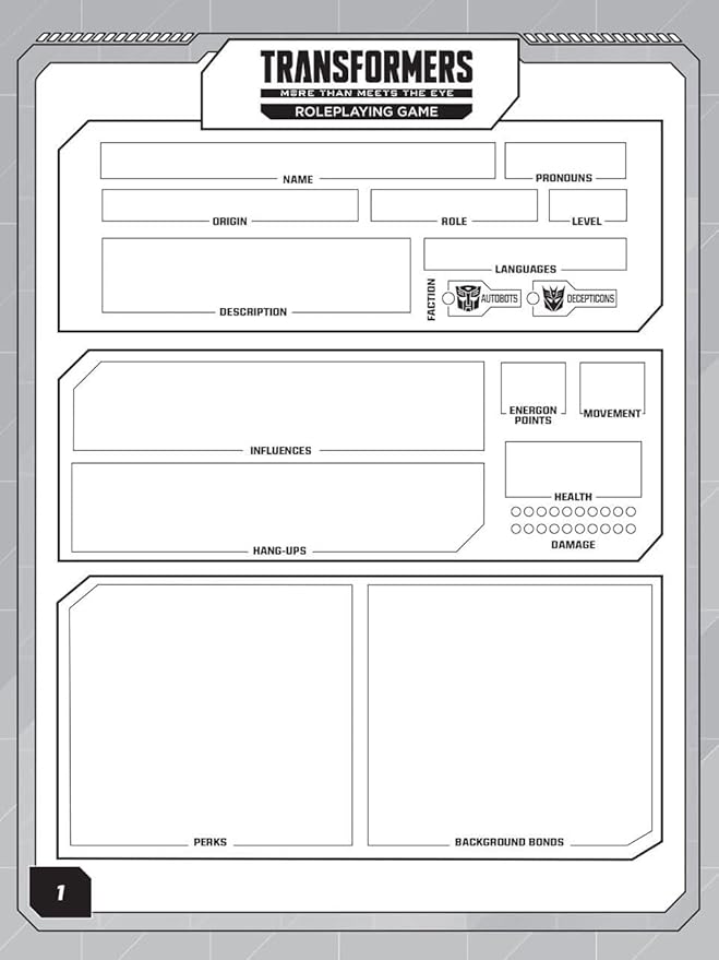Renegade Game Studios Transformers Roleplaying Game Expanded Character Sheet Journal