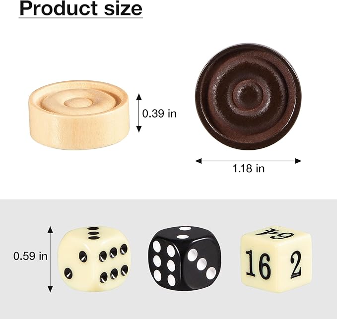 Classic Wooden Checkers Stackable Pieces, Backgammon Pieces, Set of 30 Checkers Pieces, 5 Dice, 2 Drawstring Storage Bags, Checkers (1.2 W X 0.4 H) Inches, Brown+Wood