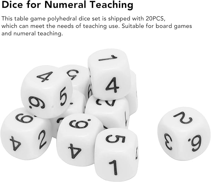 Number Dice, 20PCS Plastic 6 Sided Game Dice 16mm Round Corner Polyhedral Dice Set for Numeral Teaching Board Games (White)