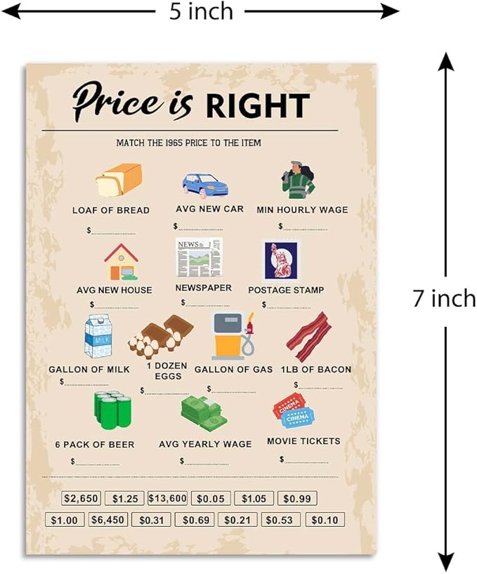 60th Birthday Party Games, Price is Right Games, Birthday Party Supplies for Adults, Fun 1965s Party Game，Pack of 30 Cards