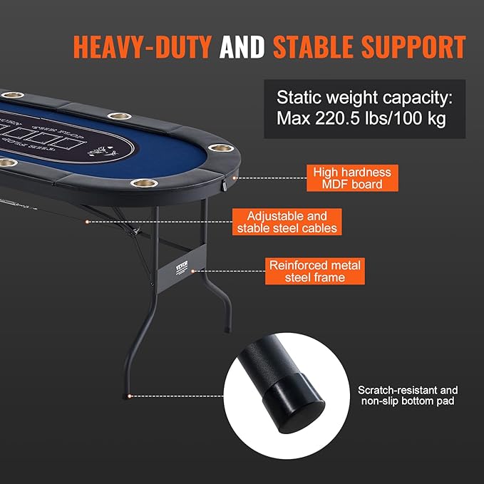 VEVOR Foldable Poker Table for 8 Player, Blackjack Texas Holdem Table with Padded Rails and Stainless Steel Cup Holders, 72" Oval Casino Leisure Table,Blue,Portable Folding Card Board Game Table