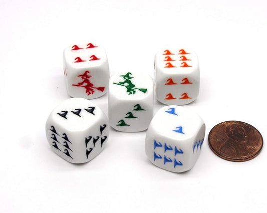 Pack of 5 Witch Halloween Themed 16mm Dice - White Etches