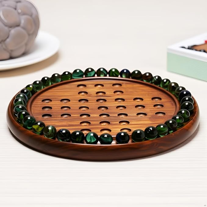 Wooden Solitaire Board Game – 10-Inch Marble Strategy Board with 33 Balls – Classic Solo Game for Adults & Family