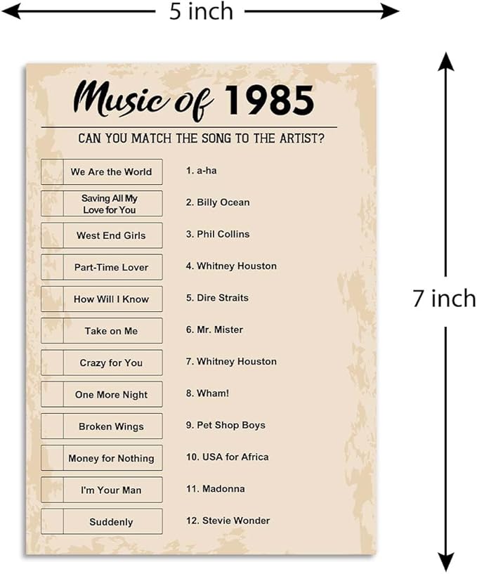QUPT 40th Birthday Party Games, Music of 1985 Games, Birthday Party Supplies for Adults, Fun 1985s Party Game，Pack of 30 Cards