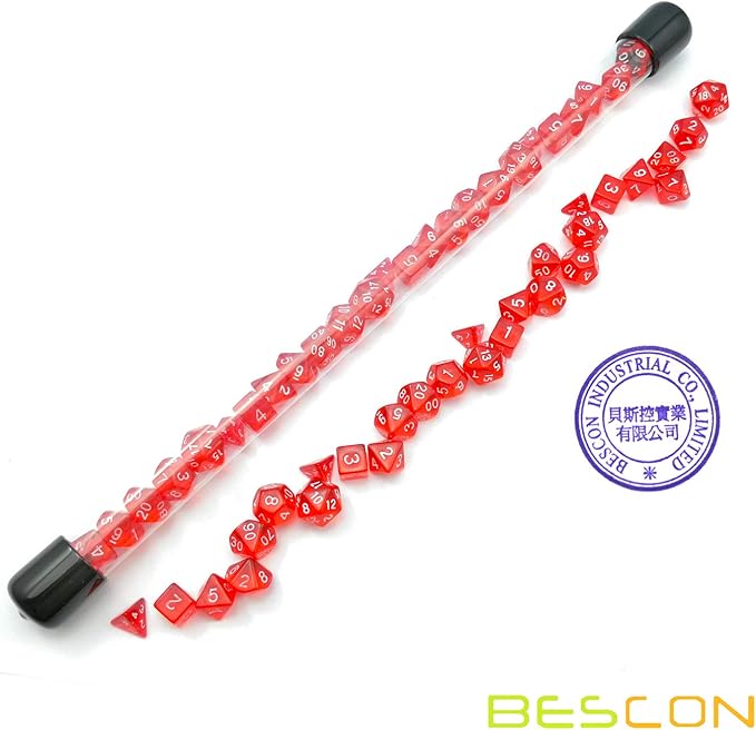 Bescon 28pcs Translucent Red Mini Polyhedral Dice Set in Tube, Ruby Dice Dungeons and Dragons 4X7pcs, Mini Ruby Gem Dice Set
