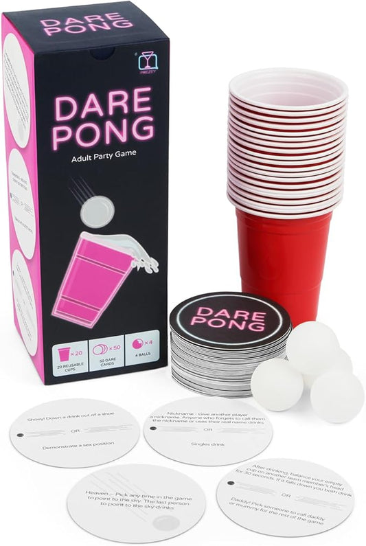 Dare Pong - Drinking Game for Adults, Bachelorette Party Games, Adult Party Games - Full Beer Pong Set and 50 Coasters with Dares - Perfect for White Elephant Gifts for Adults, Couples Games
