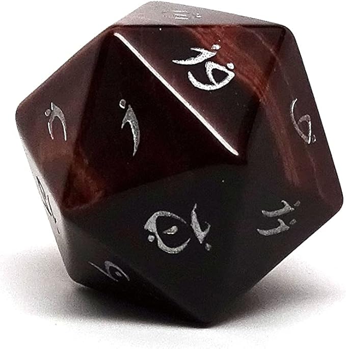 Single D20 Semi Precious Stone Dice with Elvenkind Font (Red Tiger's Eye)