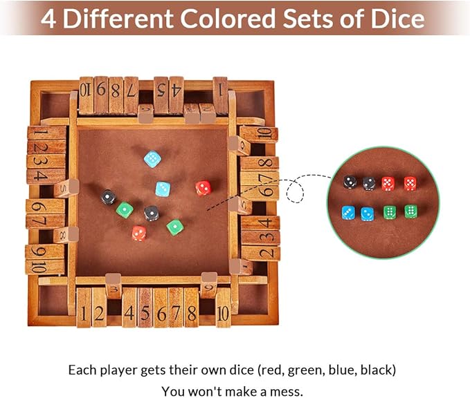 ApudArmis 4-Way Shut The Box, Large Wooden Board Game Set with Dice, 4 Ways Play Shut-The-Box for Kids Learning Addtion Adults Classroom Home Party Pub (14 in,Vintage)