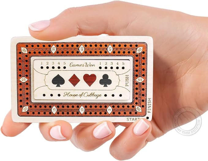2 Track - Wooden Travel/Pocket Size Cribbage Board - 4 Inch - Inlaid in Maple Wood/Bloodwood with Storage Space for Cribbage Pegs - 60 Points - Non Continuous