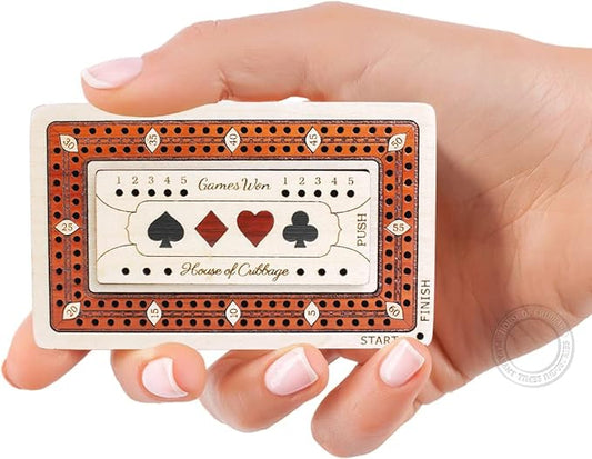 2 Track - Wooden Travel/Pocket Size Cribbage Board - 4 Inch - Inlaid in Maple Wood/Bloodwood with Storage Space for Cribbage Pegs - 60 Points - Non Continuous