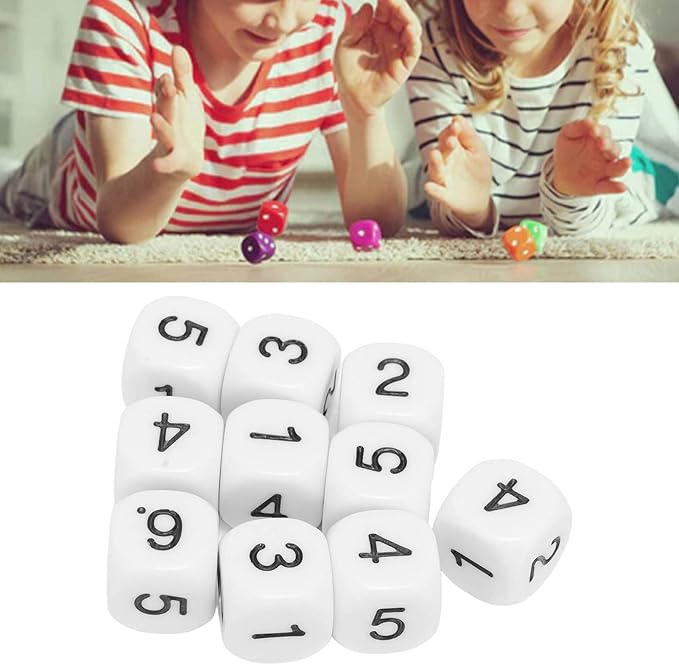 Number Dice, 20PCS Plastic 6 Sided Game Dice 16mm Round Corner Polyhedral Dice Set for Numeral Teaching Board Games (White)