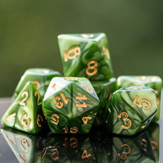 7-Die DND Dice Set Polyhedral Dice Set with a Leather Dice Bag, D&D Dice Set for Dungeons and Dragons, RPG, MTG Table Games (Green)