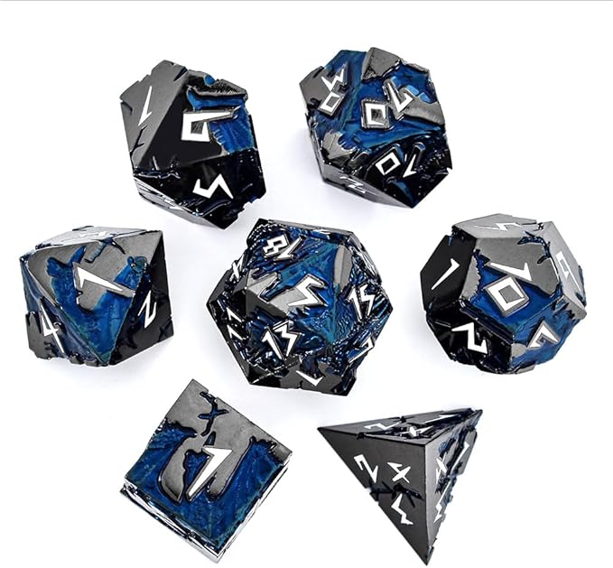 Rule Cool Metallic D&D Dice - Unique Polyhedral MTG RPG Gaming Blue Dragon Theme Dice Set In Black White Gift Box