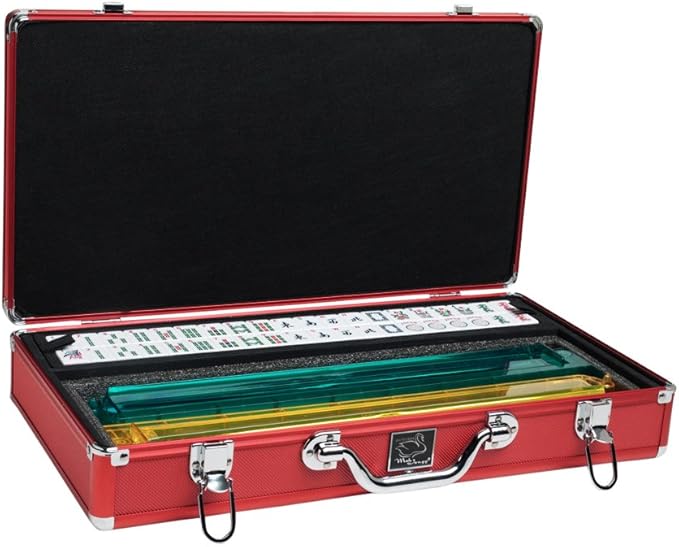 American Mah Jongg Set by White Swan – 166 White Engraved Tiles – 4 x All-in-One Rack/Pushers – Aluminum Case - Red