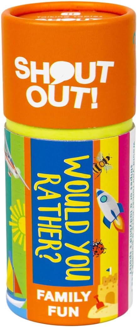 Talking Tables Would You Rather Shout Out Kids Travel Game - Portable, Hilarious Fun Gift for boys and girls 160 Silly Scenarios, Plastic-Free, l for 2+ Players. Ages 5+.