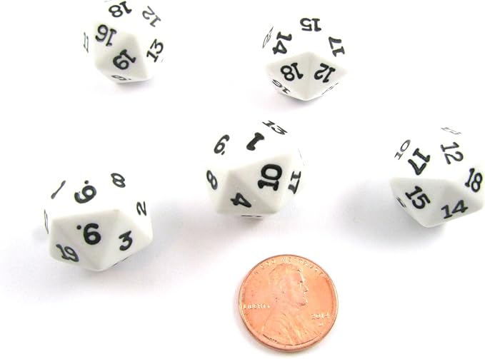 Koplow Games Set of 5 Twenty Sided 19mm D20 Opaque Dice RPG D&D White with Black Numbers Die