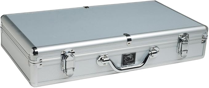American Mah Jongg Set by White Swan – 166 White/Blue Engraved Tiles – 4 x All-in-One Rack/Pushers – Aluminum Case - Silver