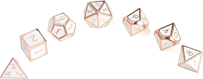 MIYUDAIS Polyhedral Metal Game Dice Rose Gold White 7pc Set for Dungeons and Dragons RPG MTG Table Games D&D Pathfinder Shadowrun