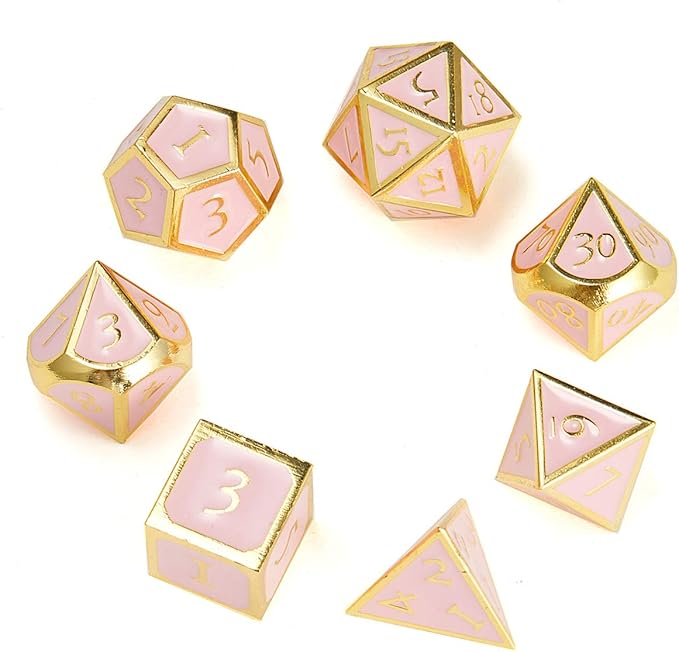 MIYUDAIS Polyhedral Metal Game Dice Cream Pink with Gold Trims 7pc Set for Dungeons and Dragons RPG MTG Table Games D&D Pathfinder Shadowrun and Math Teaching