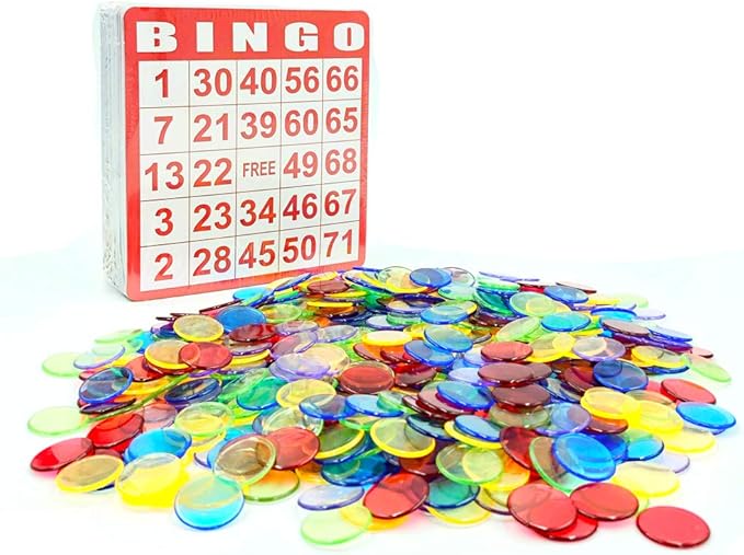 Yuanhe Bingo Cards Game Set - Includes 50 Bingo Cards and 500 Colorful Transparent Bingo Chips, for Bingo Games and Card Games