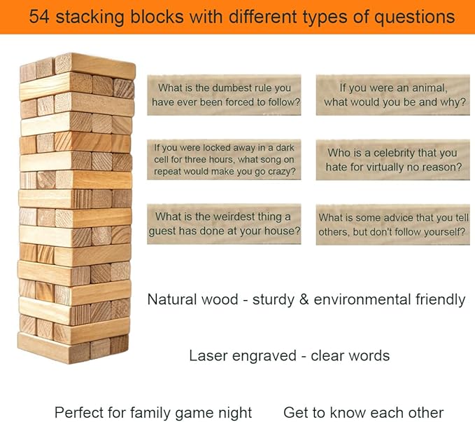 LONEA Ice Breaker Questions Wood Balance Stacking Blocks Game - Get to Know Each Other Family Night Games Tumbling Tower - Icebreaker Conversation Starters