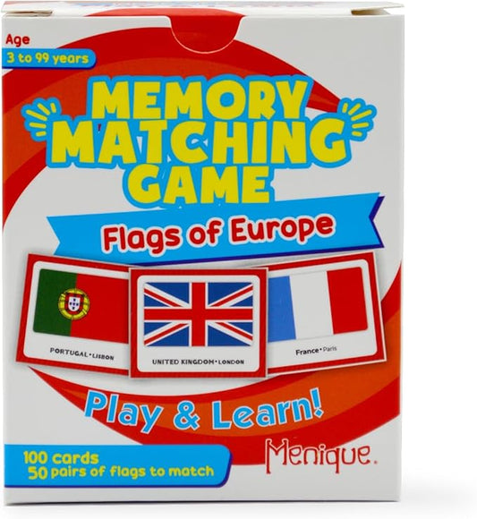 Menique Flags of Europe Memory Matching Game – 100 Cards (50 Pairs) with Flag, Country & Capital – Educational Geography Game for Kids and Adults