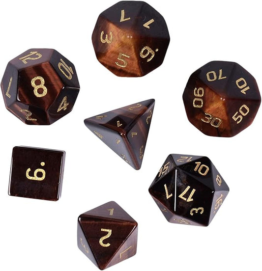 TUMBEELLUWA Engraved Crystal Stone Polyhedral Dice Set for RPG MTG Dungeons and Dragons Table Game 7 Pieces DND Board Game Dices with Pouch, Red Tiger’s Eye Stone