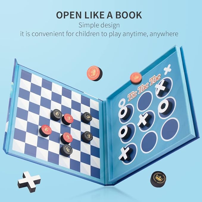 2-in-1 Checkers & Tic-Tac-Toe Board Game | Magnetic Travel Games for Kids 8-12 | Plane Activities for Kids Ages 8-12 | Foldable Magnetic Checkers & Travel Activities (Ages 3-12)