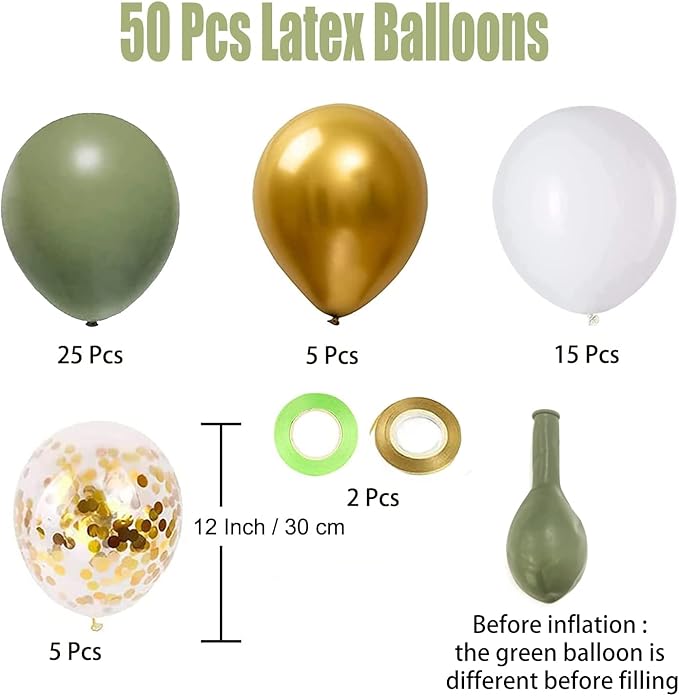 Sage Green Gold White Party Balloons, 50Pcs Sage Green and Gold Confetti Party Balloons For Birthday Baby Shower Engagement Wedding Anniversary Party Decorations