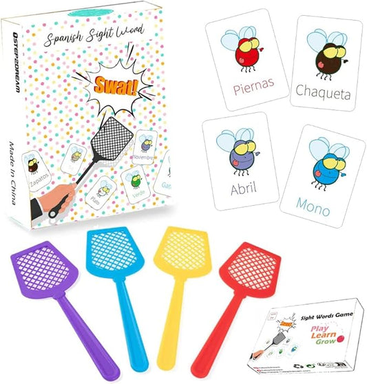 1step2dream Spanish Sight Words Game | 108 Fly Words with 4 Fly Swatters | Swat Educational Learning Games for Classroom,Kids