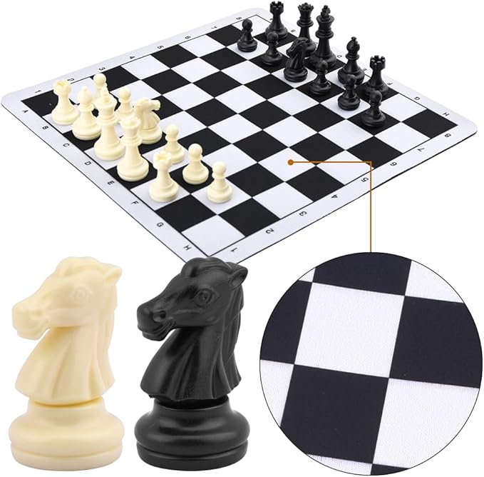 Portable Chess & Checkers Set, 235mm Tournament Roll Up Chess Board with Drawstring Bag, Folding Rollable Chess Set Travel Chess Set for Kids and Adults(Black)