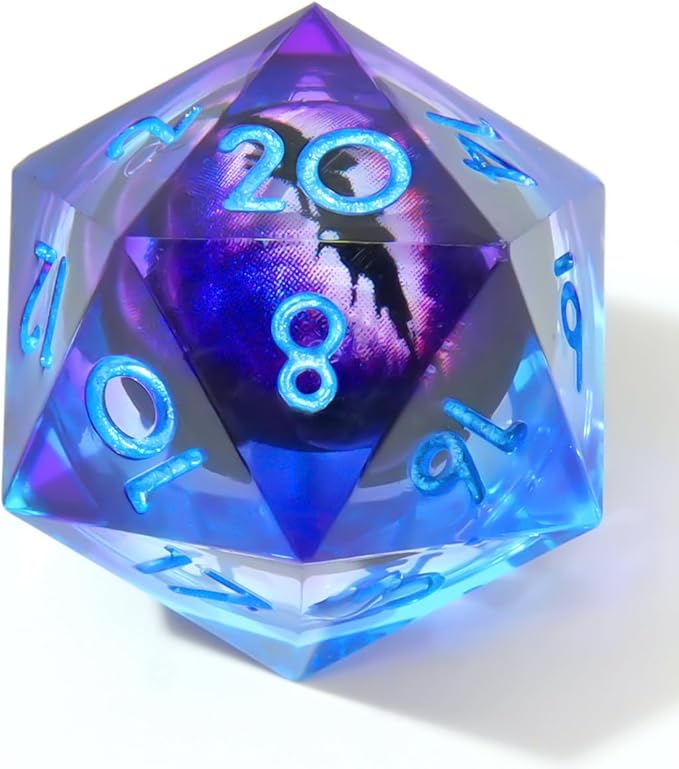 Single Liquid core D20 DND Dice-22MM Dargon Eye 20 sideds Resin Sharp Edged Resin Dice for Dungeons and Dragons, RPG, Polyhedral Roleplaying Games MTG Table Games(Blue Purple)
